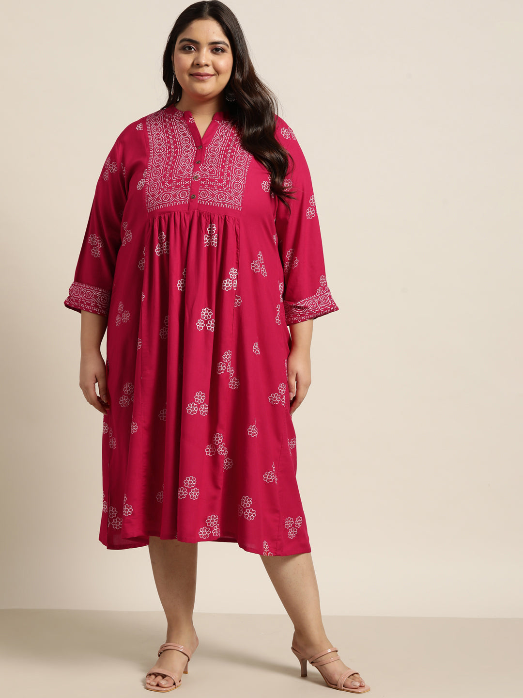 Women's Fuchsia Rayon Casual Wear Printed Flared Dress - Juniper