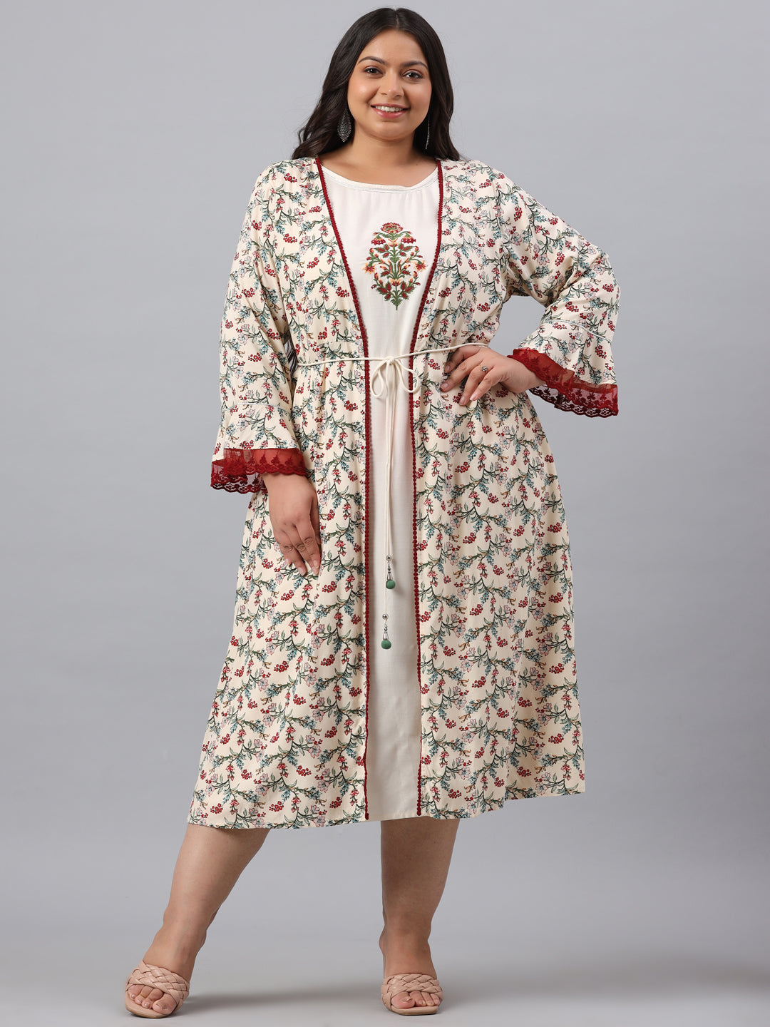 Women's Ivory Rayon Festive Wear Embroidered & Printed Flared Dress - Juniper