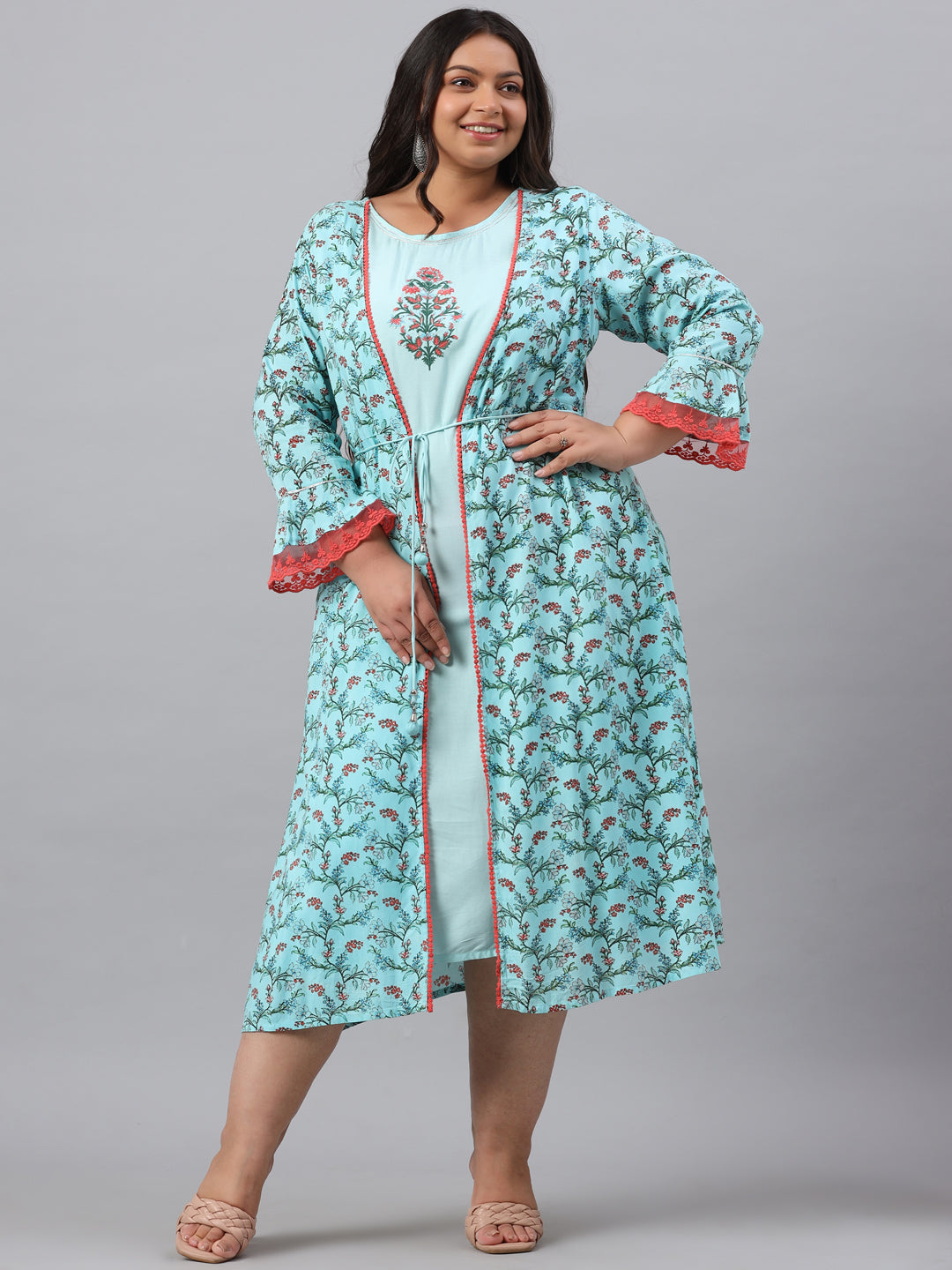 Women's Sky Blue Rayon Festive Wear Embroidered & Printed Flared Dress - Juniper