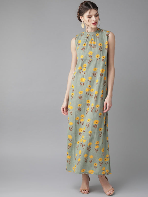 Women's  Green & Mustard Yellow Printed Maxi Dress - AKS