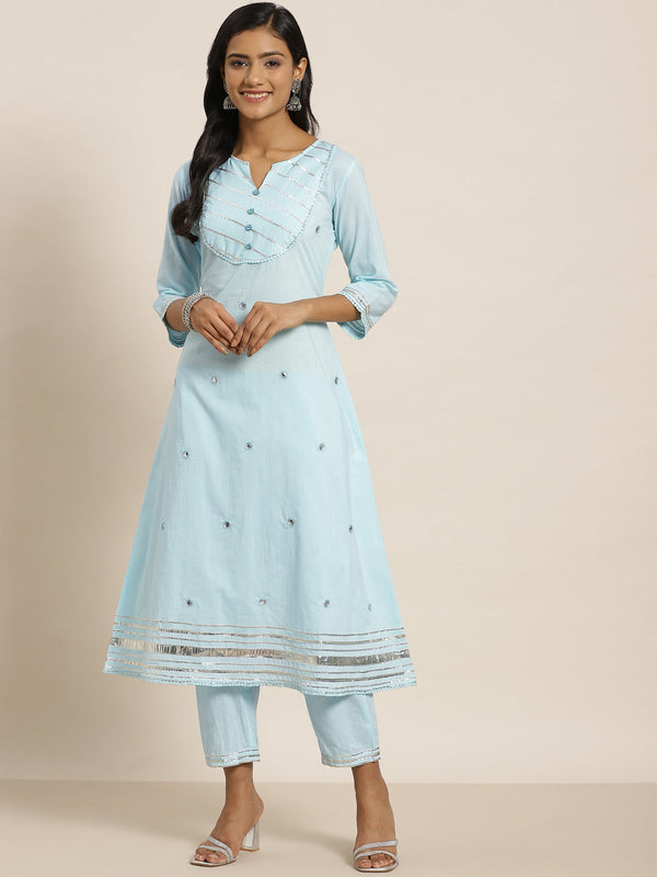 Jashvi Sky Blue Solid Pure Cotton A-Line Kurta & Pants Set With Gota Work