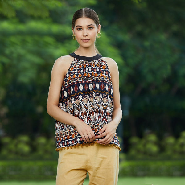 Women's Mustard Ikat Tassel Top (Copy) - Pannkh