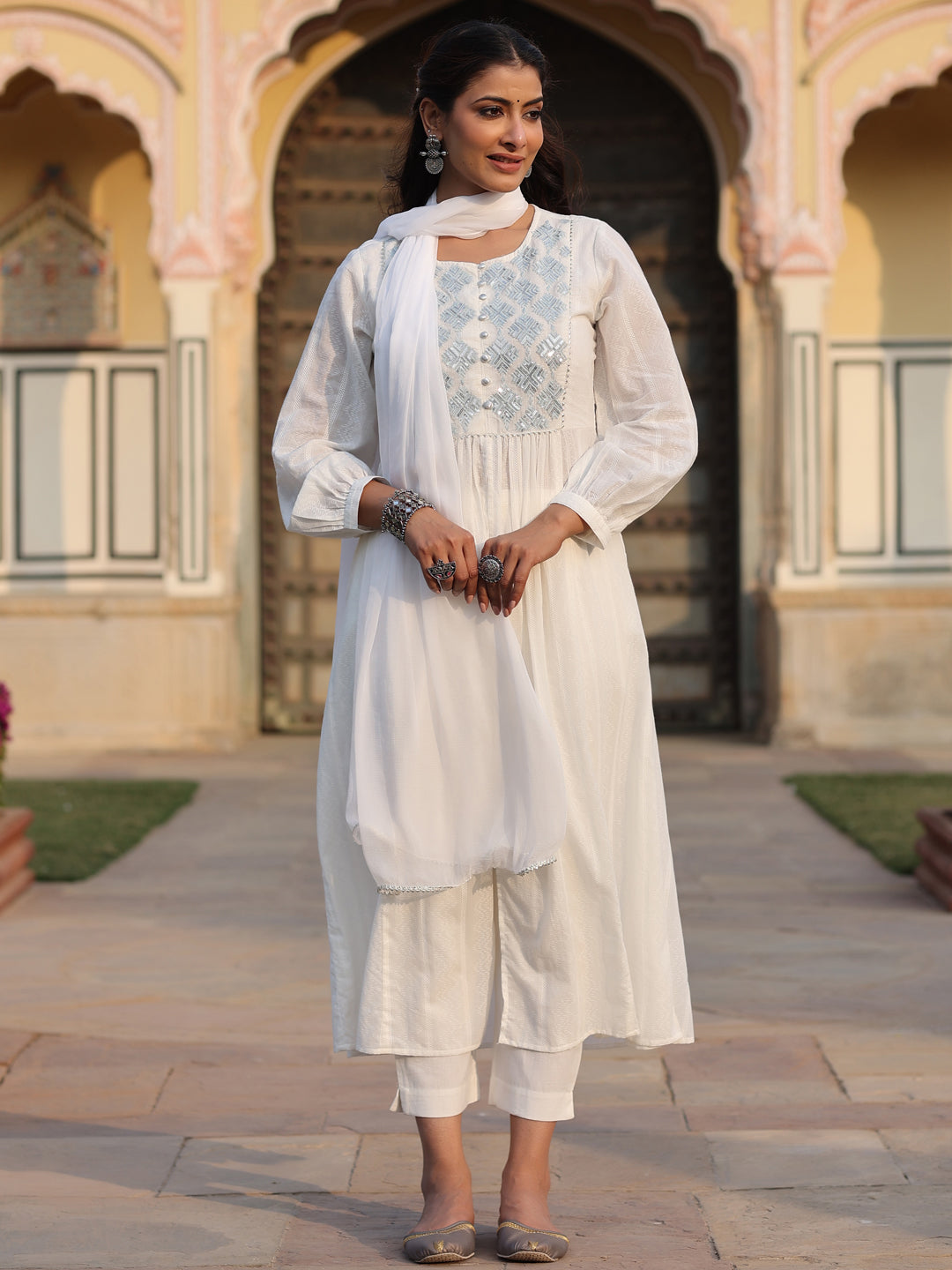 Women's White Cotton Dobby Embroidered Kurta, Pant & Dupatta Set. - Juniper