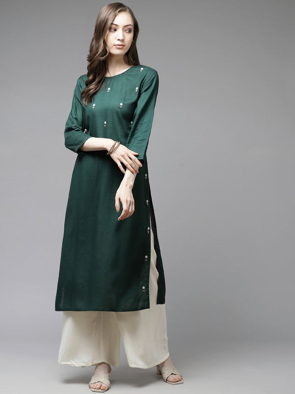 Women's Dark Green Embroidery Kurta - Yufta