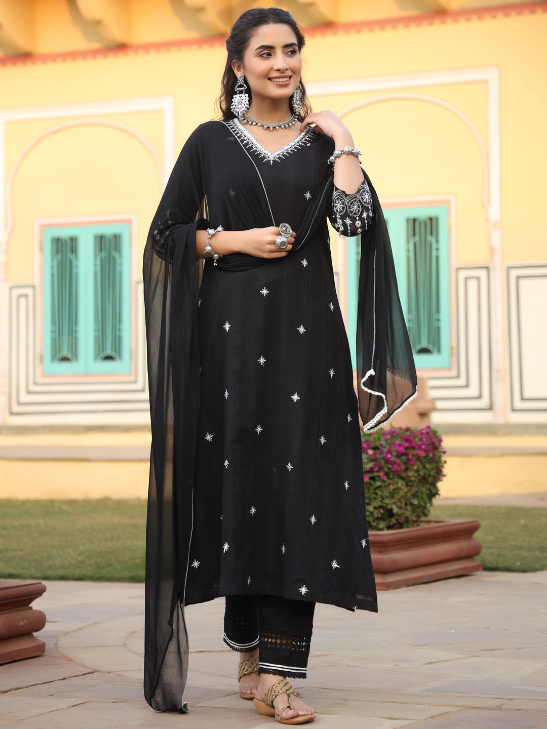 Women's Black Cotton Dobby Embroidered A-Line Kurta, Pant & Dupatta Set. - Juniper