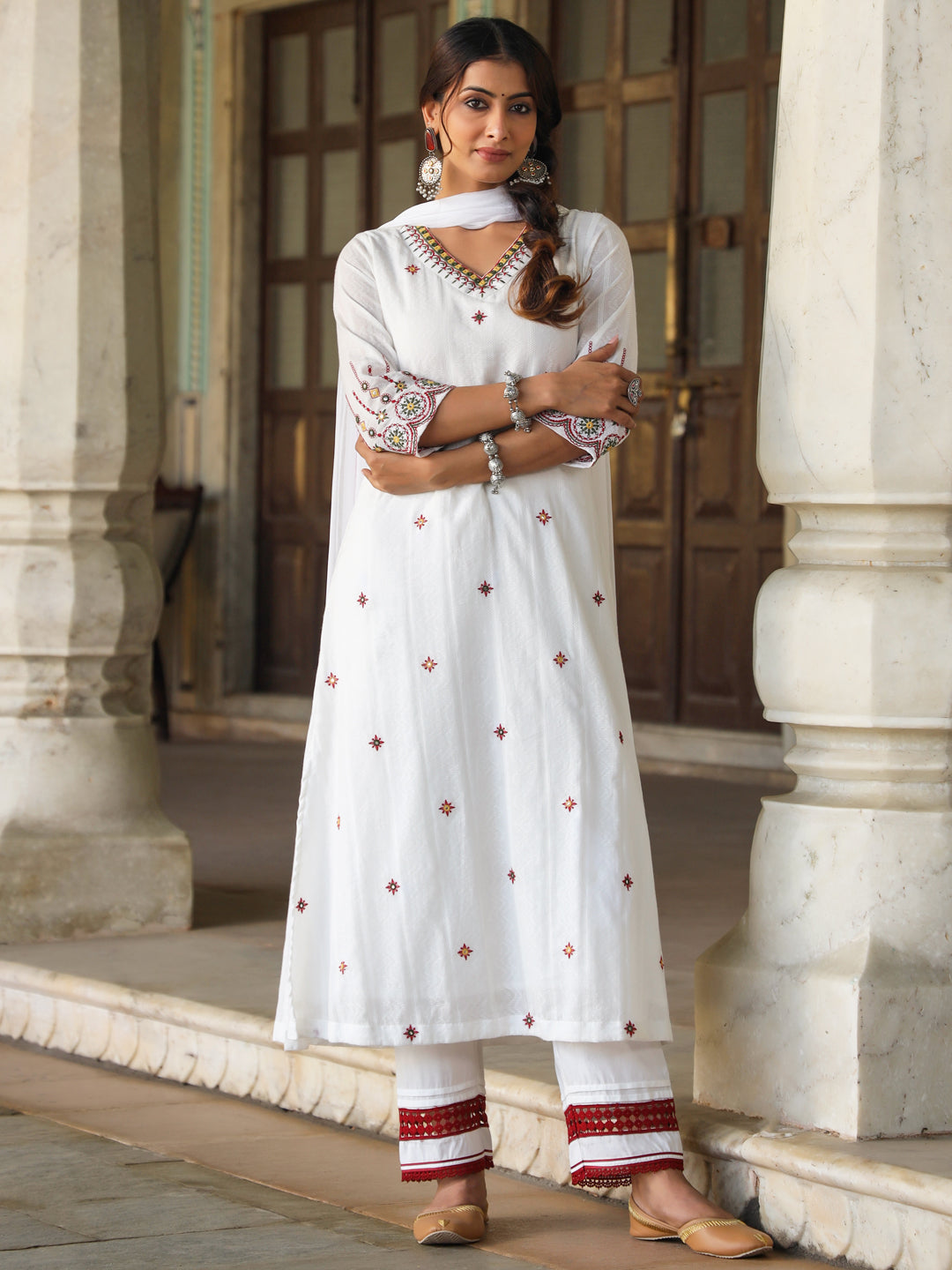 Women's Multi-Coloured Cotton Dobby Embroidered A-Line Kurta, Pant & Dupatta Set. - Juniper