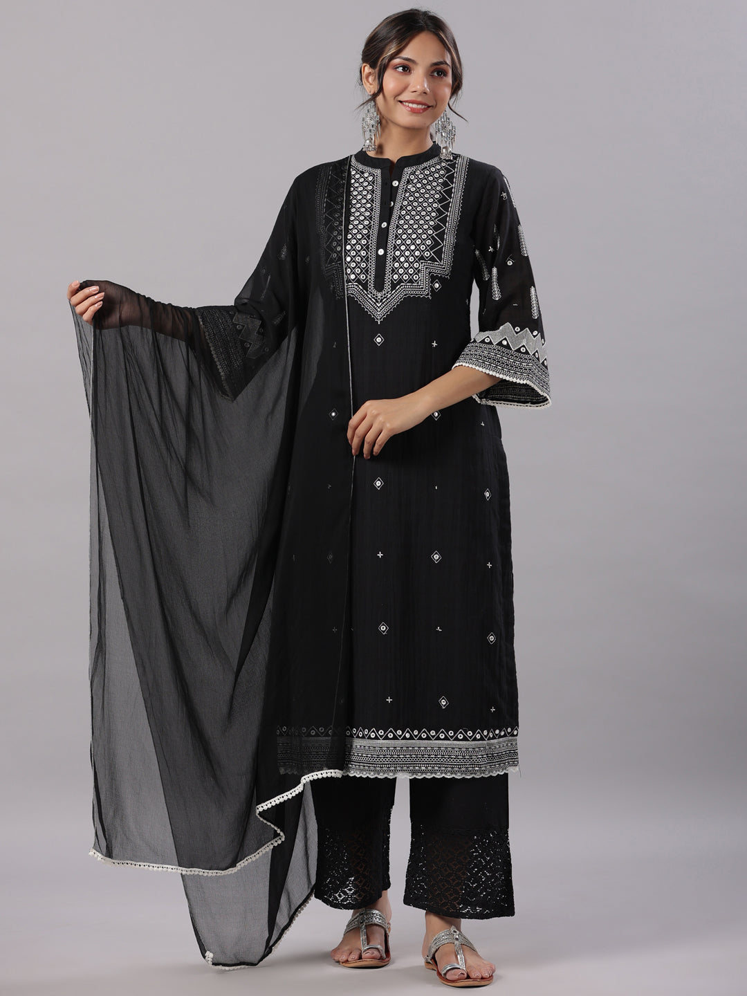 Women's Black Cotton Dobby Embroidered Kurta, Pant & Dupatta Set. - Juniper