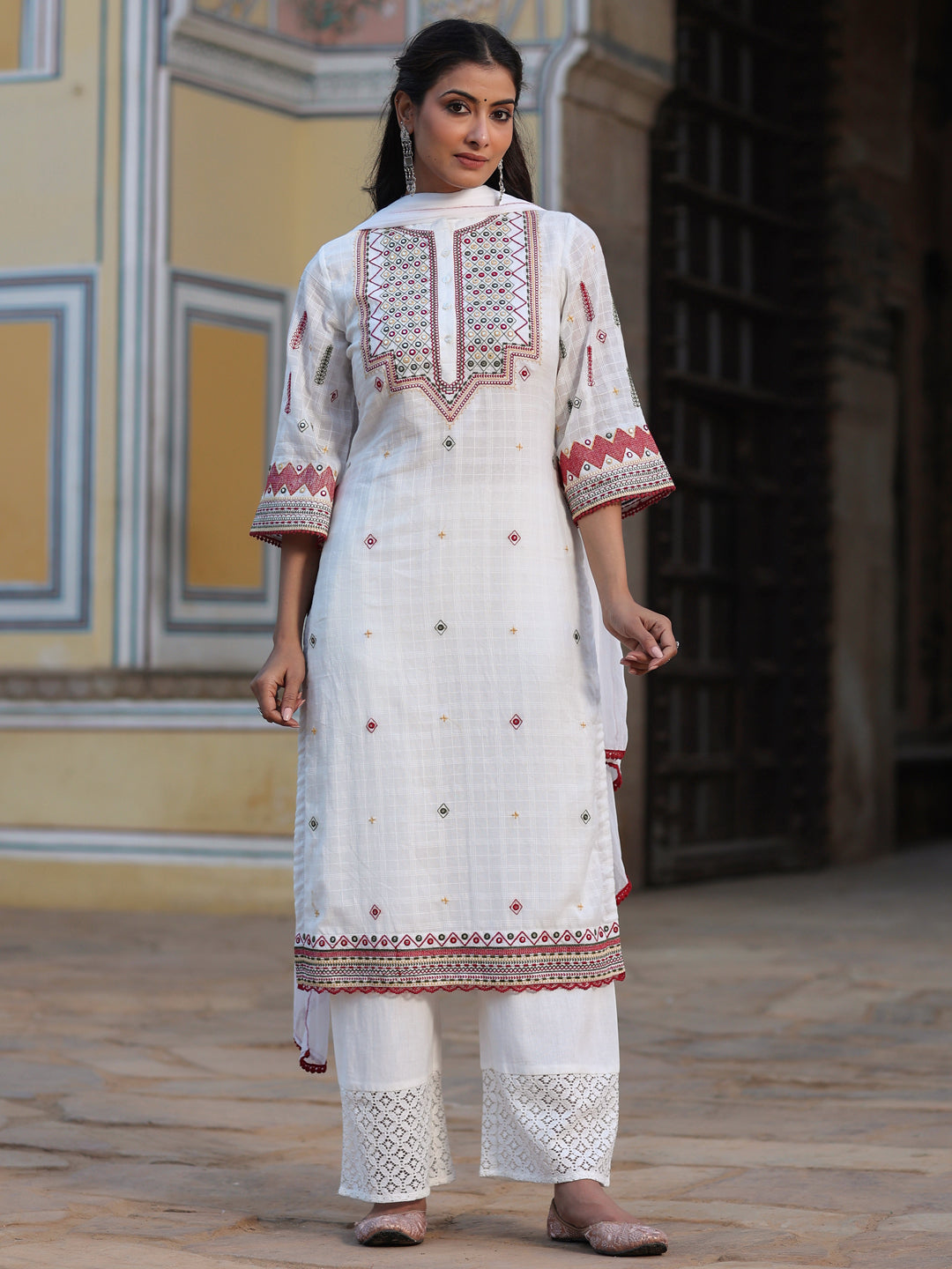 Women's Multi-Coloured Cotton Dobby Embroidered Kurta, Pant & Dupatta Set. - Juniper