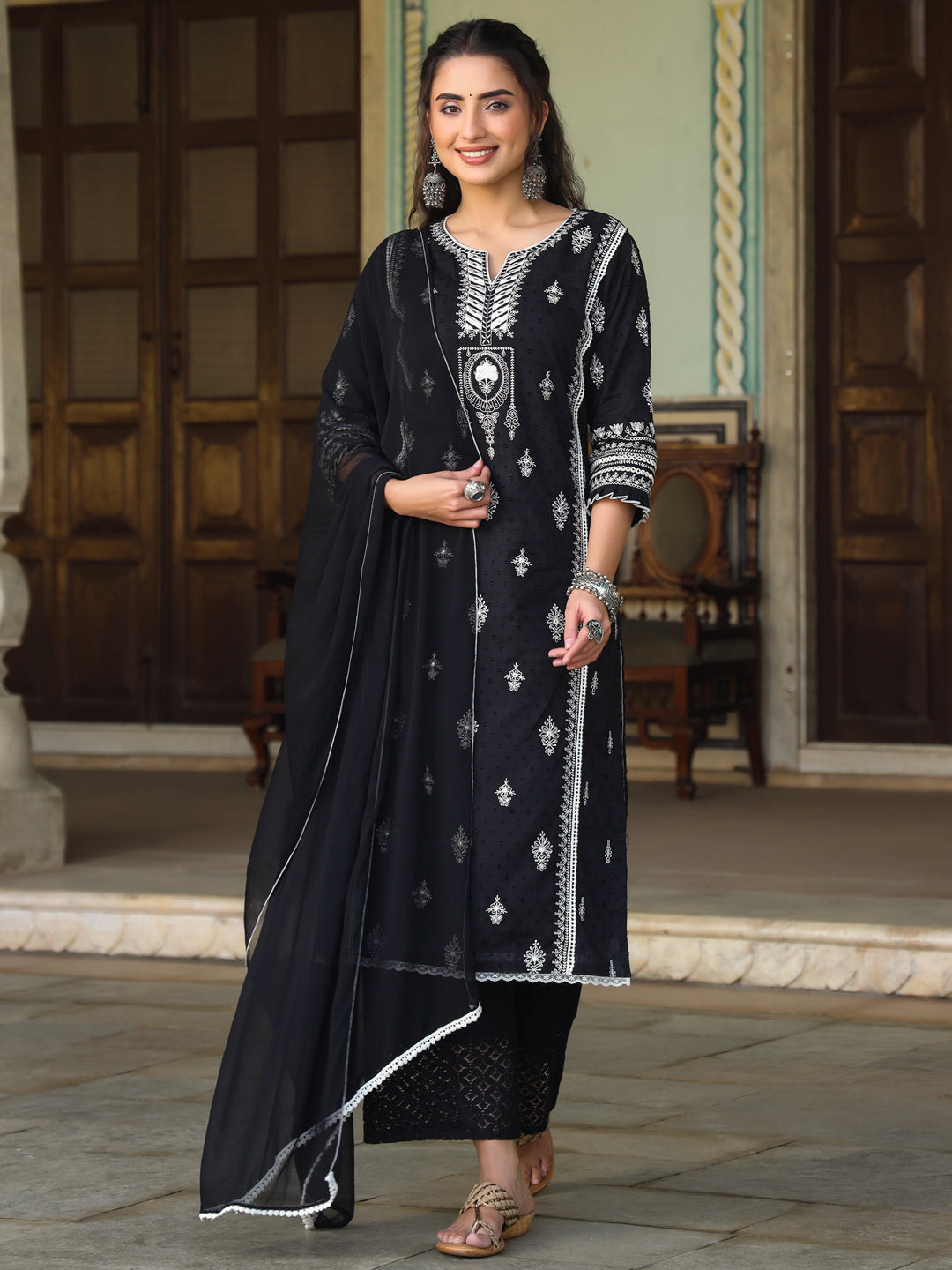 Women's Black Cotton Dobby Embroidered Kurta, Pant & Dupatta Set. - Juniper