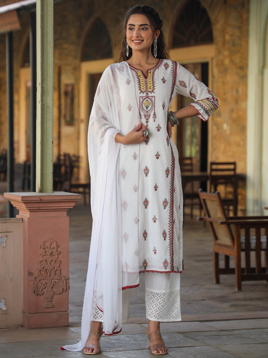 Women's Multi-Coloured Cotton Dobby Embroidered Kurta, Pant & Dupatta Set. - Juniper