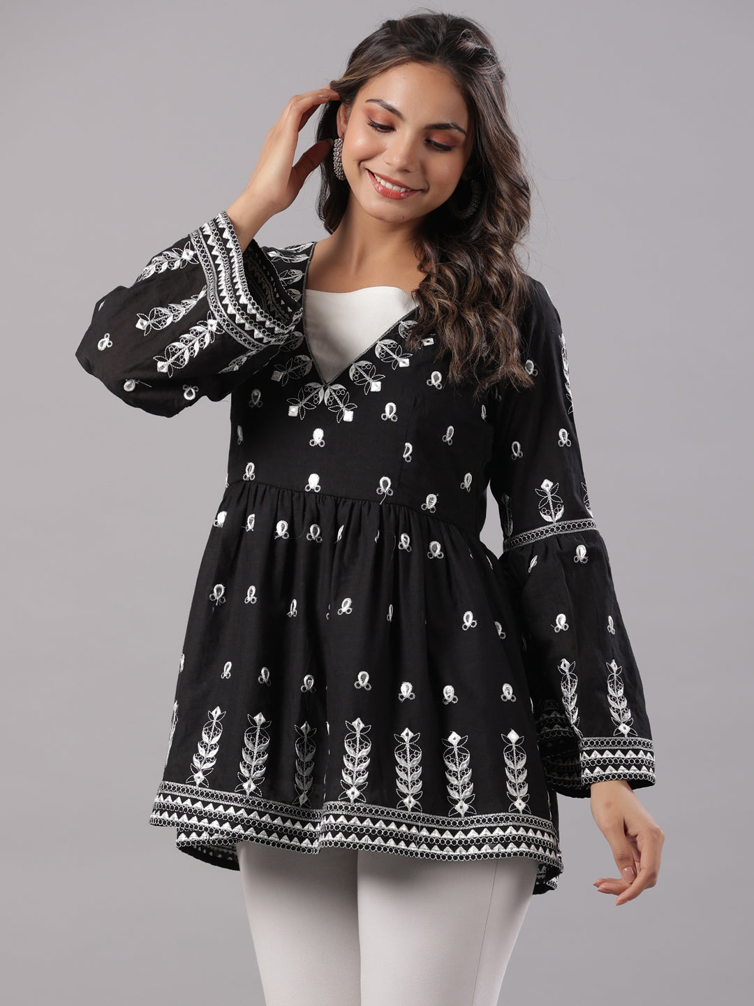 Women's Black Cotton Dobby Embroidered Peplum Tunic. - Juniper