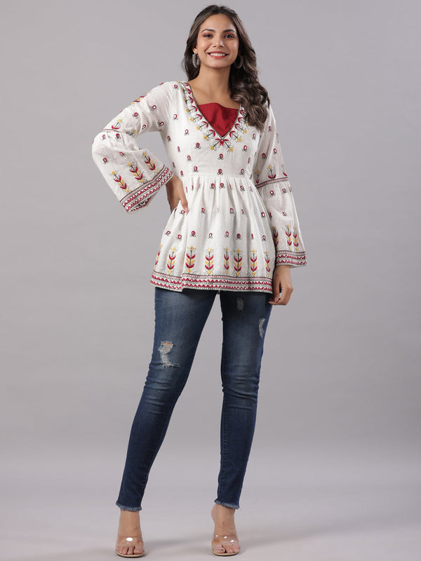 Jashvi Multi-Color Cotton Dobby Peplum Tunic With Thread & Mirror Embroidery