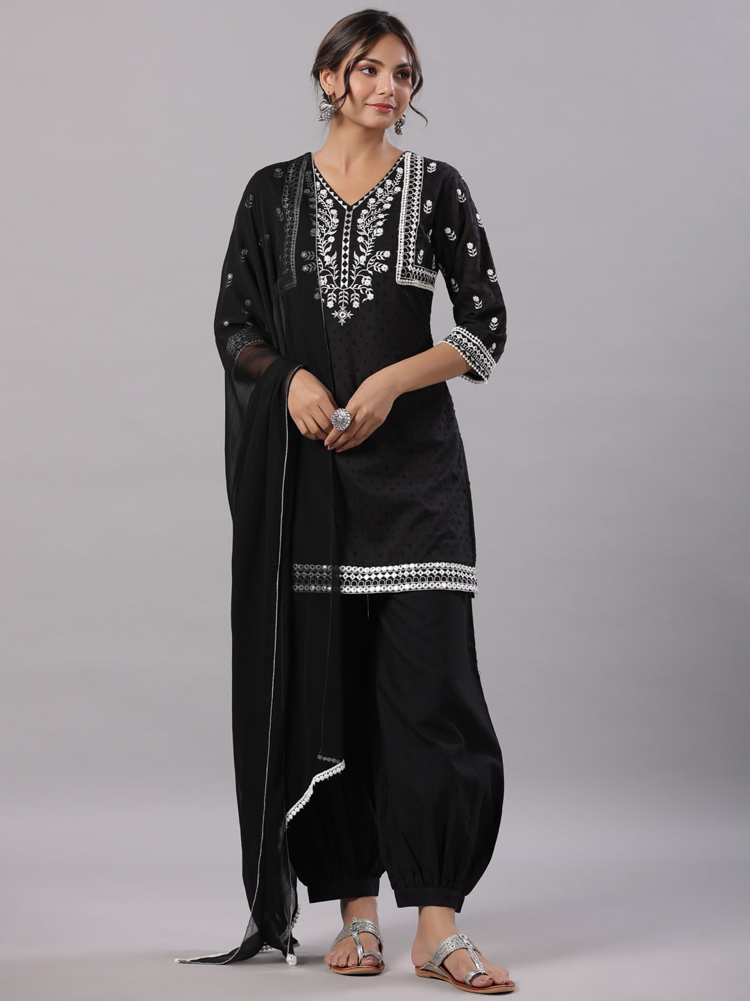 Women's Black Cotton Dobby Embroidered Kurta, Pathani Salwar & Dupatta Set. - Juniper