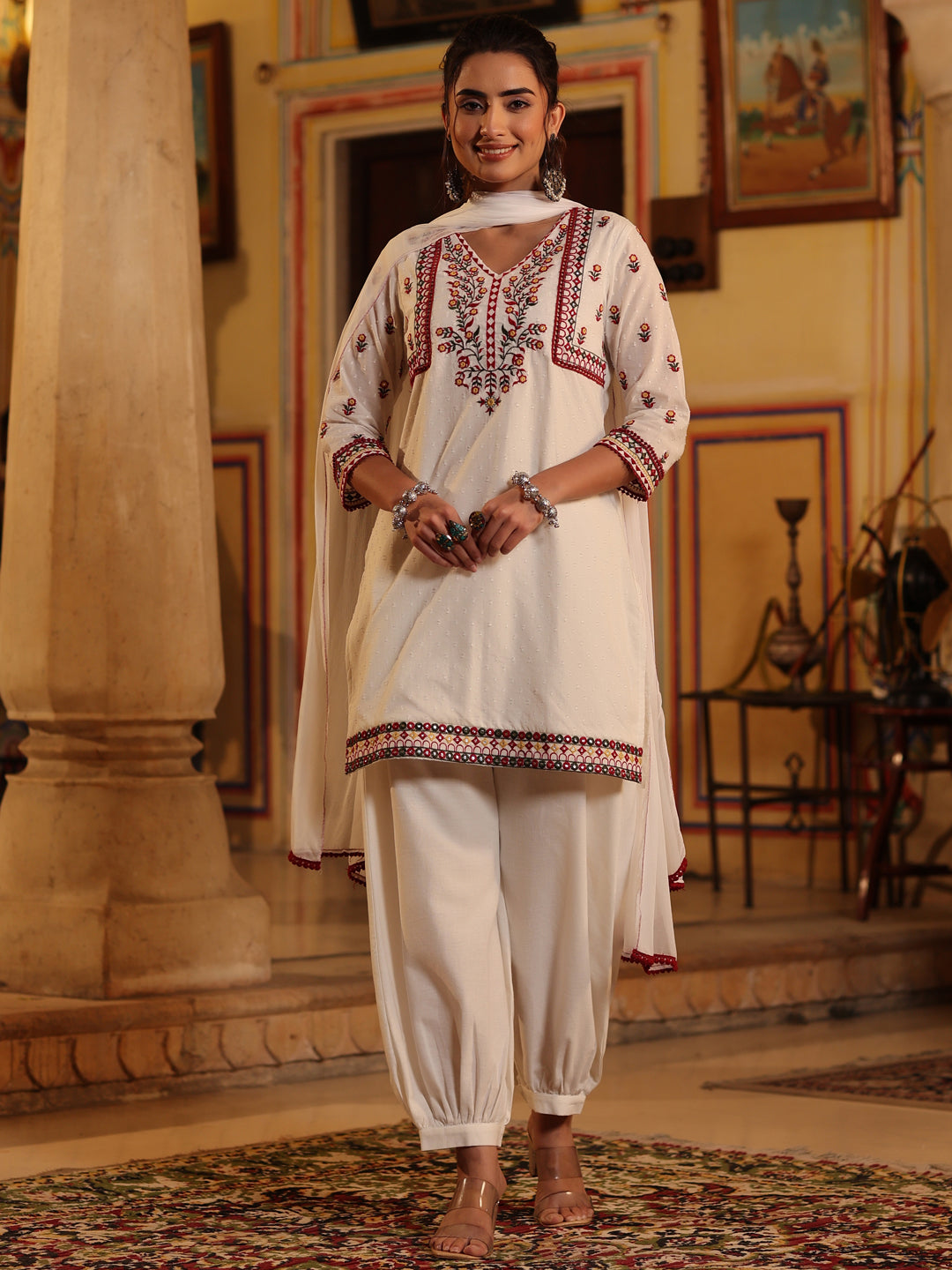 Women's Multi-Coloured Cotton Dobby Embroidered Kurta, Pathani Salwar & Dupatta Set. - Juniper