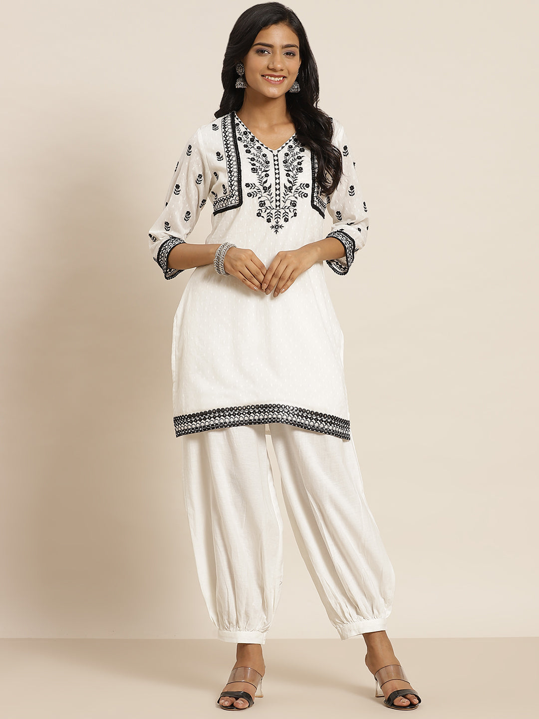 Women's White Cotton Dobby Embroidered Straight Clothing Set - Juniper