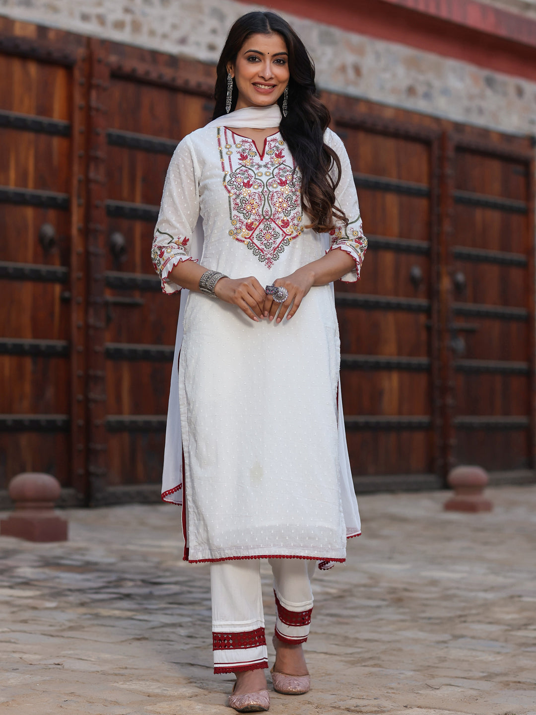 Women's Multi-Coloured Cotton Dobby Embroidered Kurta, Pant & Dupatta Set. - Juniper