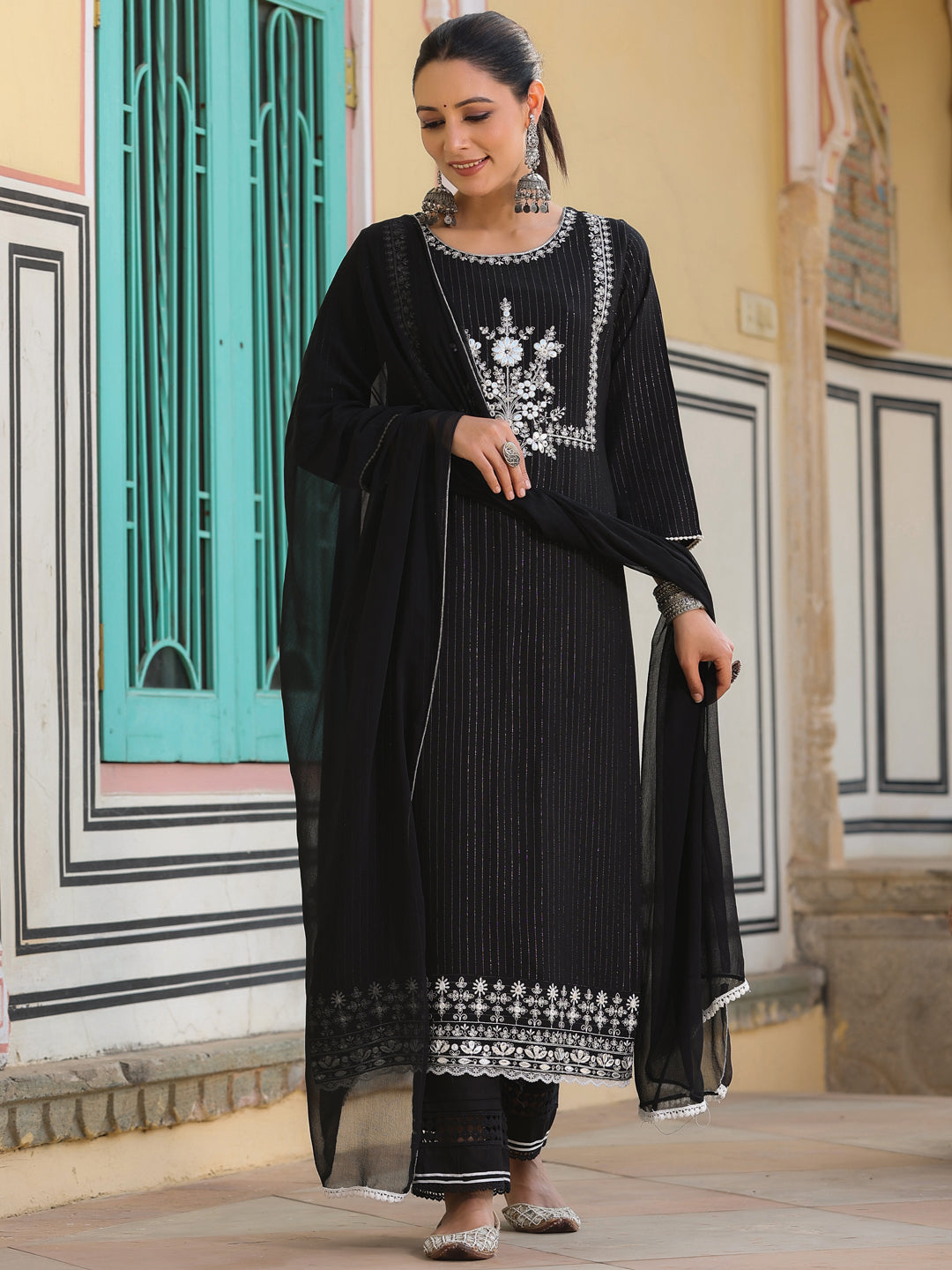 Women's Black Rayon Lurex Embroidered Kurta, Pant & Dupatta Set. - Juniper