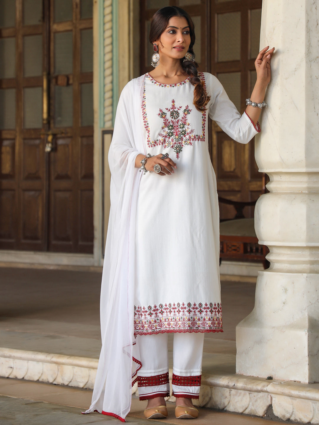 Women's Multi-Coloured Rayon Lurex Embroidered Kurta, Pant & Dupatta Set. - Juniper