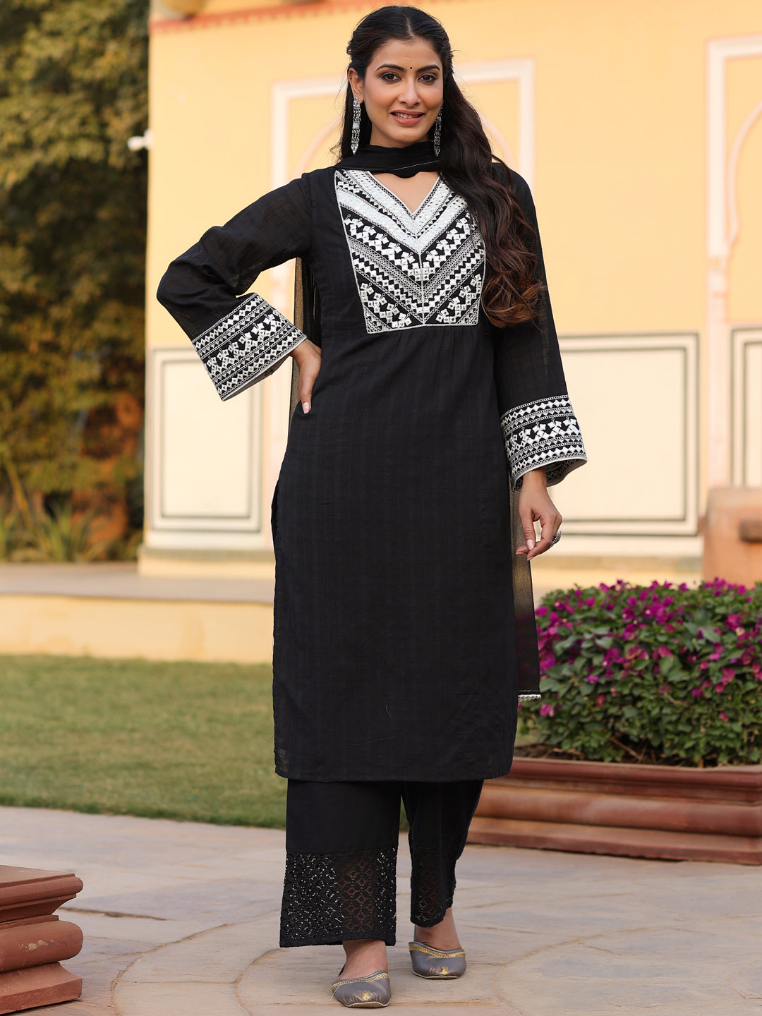 Women's Black Cotton Dobby Embroidered Kurta, Pant & Dupatta Set. - Juniper