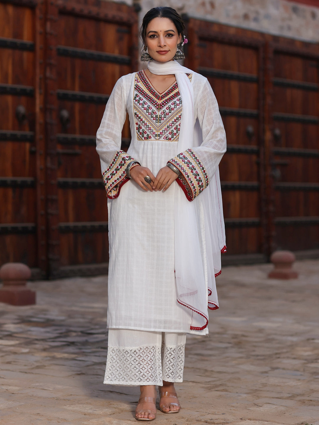 Women's Multi-Coloured Cotton Dobby Embroidered Kurta, Pant & Dupatta Set. - Juniper