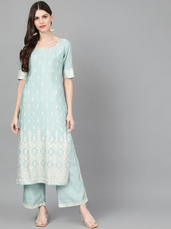 Women's  Blue & White Foil Printed Kurta with Palazzos - AKS