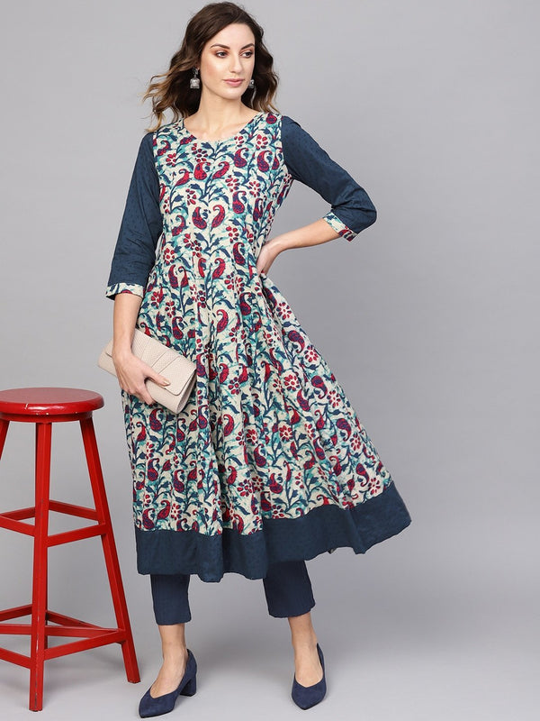 Women's  Off-White & Navy Blue Printed A-Line Kurta - AKS