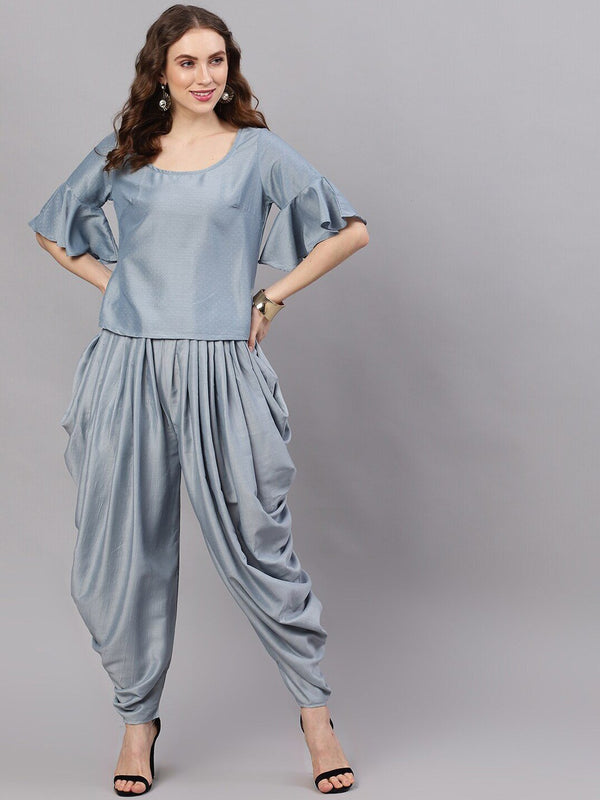 Women's Pastel Blue Chinon Design Top With Dhoti Pant - AKS