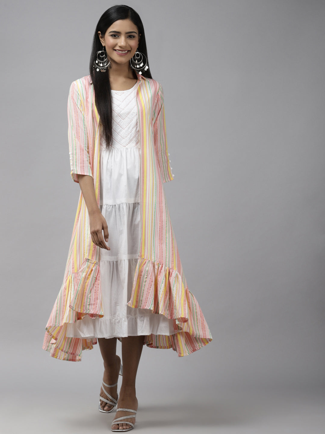 Women's White Tiered Midi Dress With Stripe Jacket - Yufta