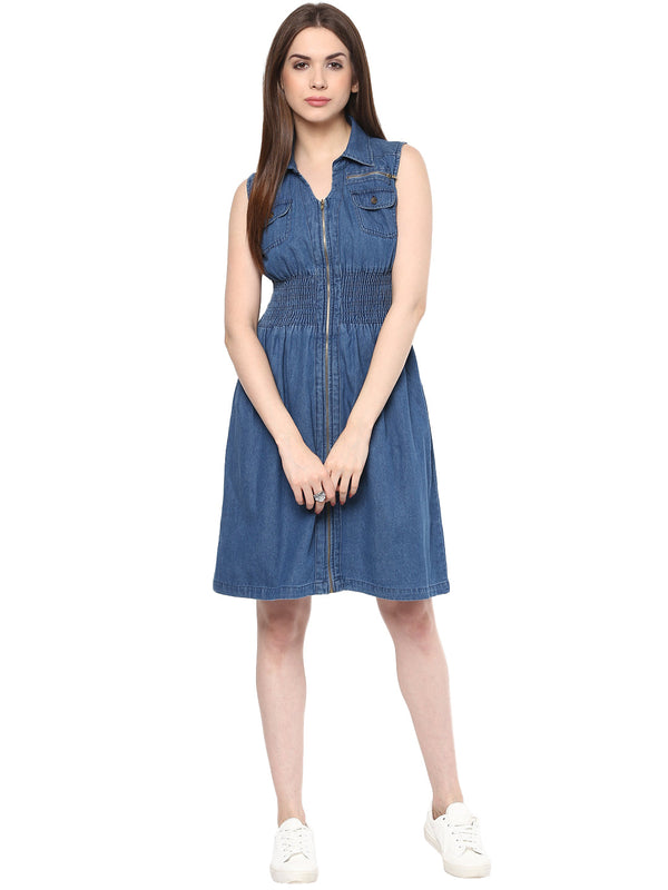 Women's  Denim Fit and Flare Zip Dress - StyleStone