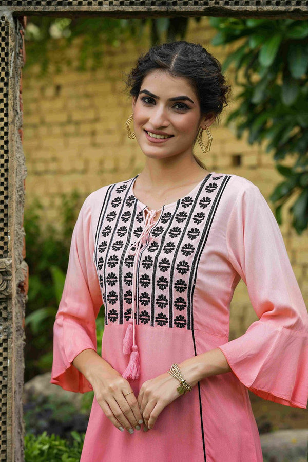 Jashvi Peach Rayon Ombre A-Line Tunic With Embroidered Yoke