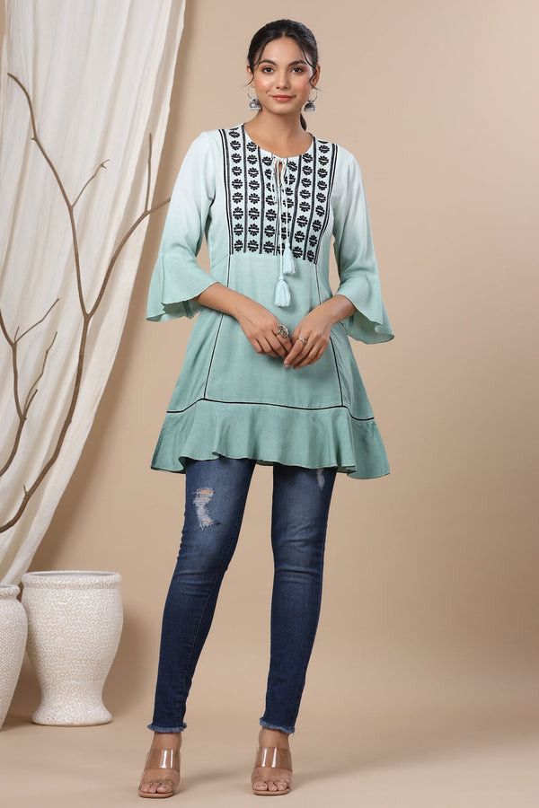 Jashvi Sage Green Rayon Ombre A-Line Tunic With Embroidered Yoke