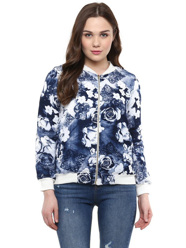 Women's  Blue Floral Print Bomber Jacket - StyleStone