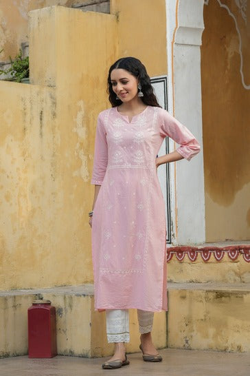 Women's  Pink Cambric Embroidered Straight Kurta  - Juniper