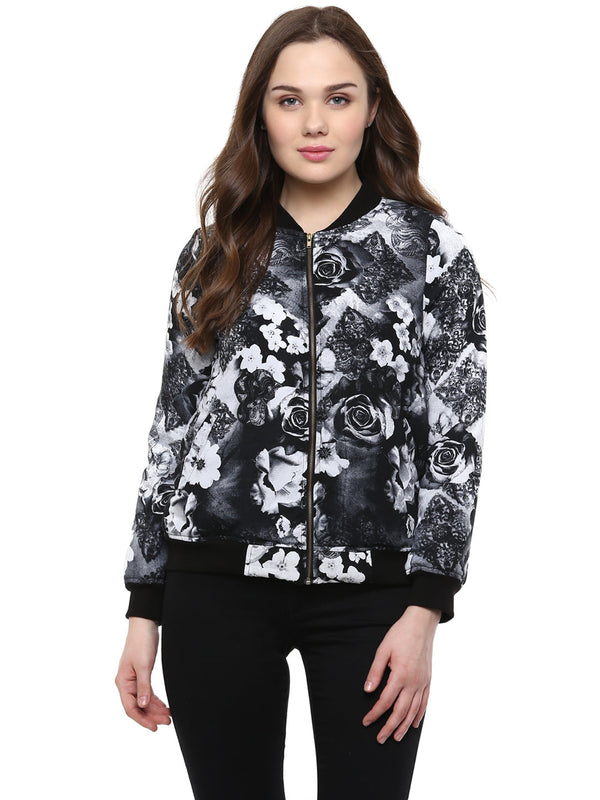 Women's  Black Floral Print Bomber Jacket - StyleStone