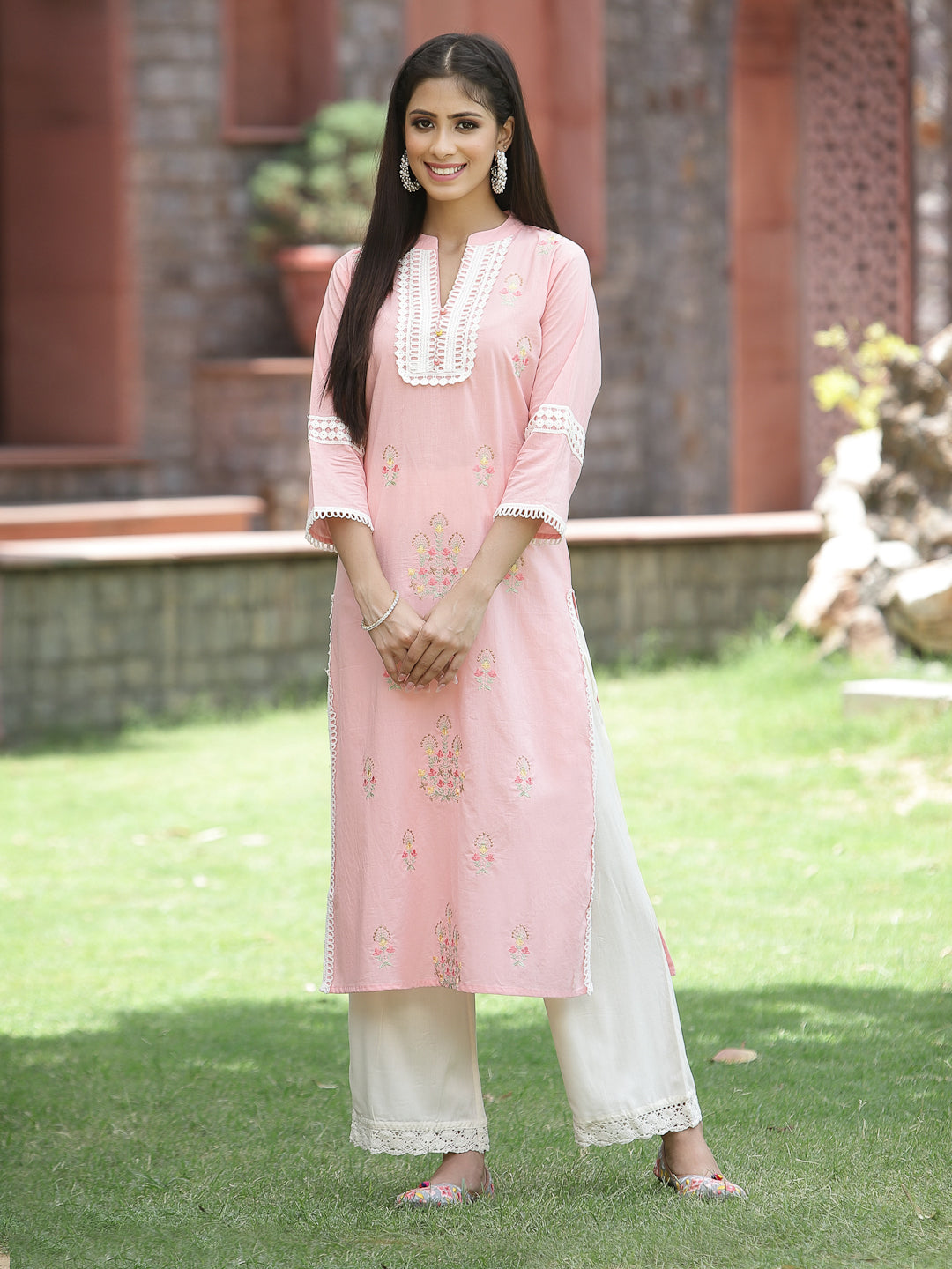 Women's Peach Cambric Festive Embroidered Straight Kurta - Juniper