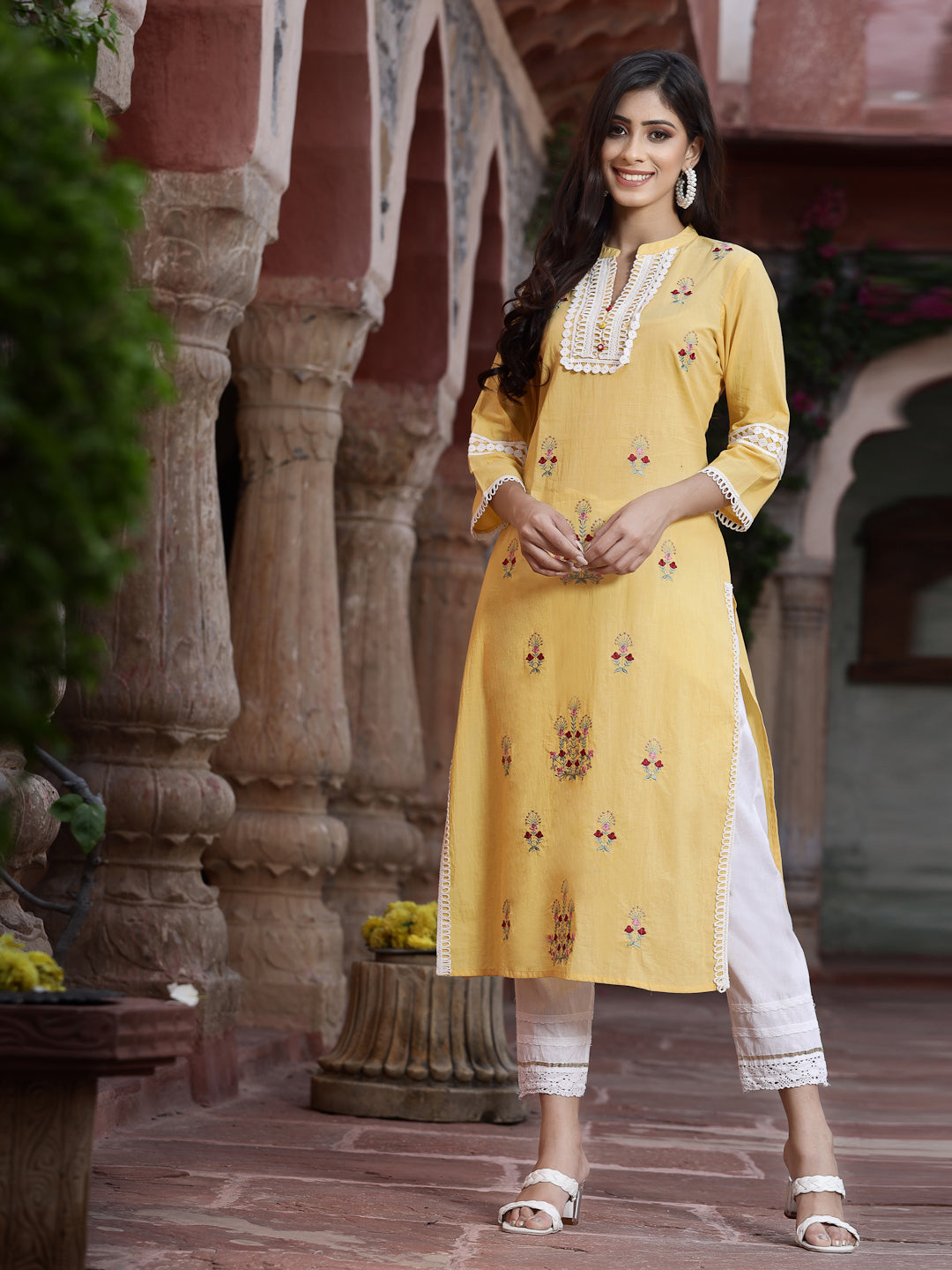 Women's Yellow Cambric Embroidered Straight Kurta - Juniper