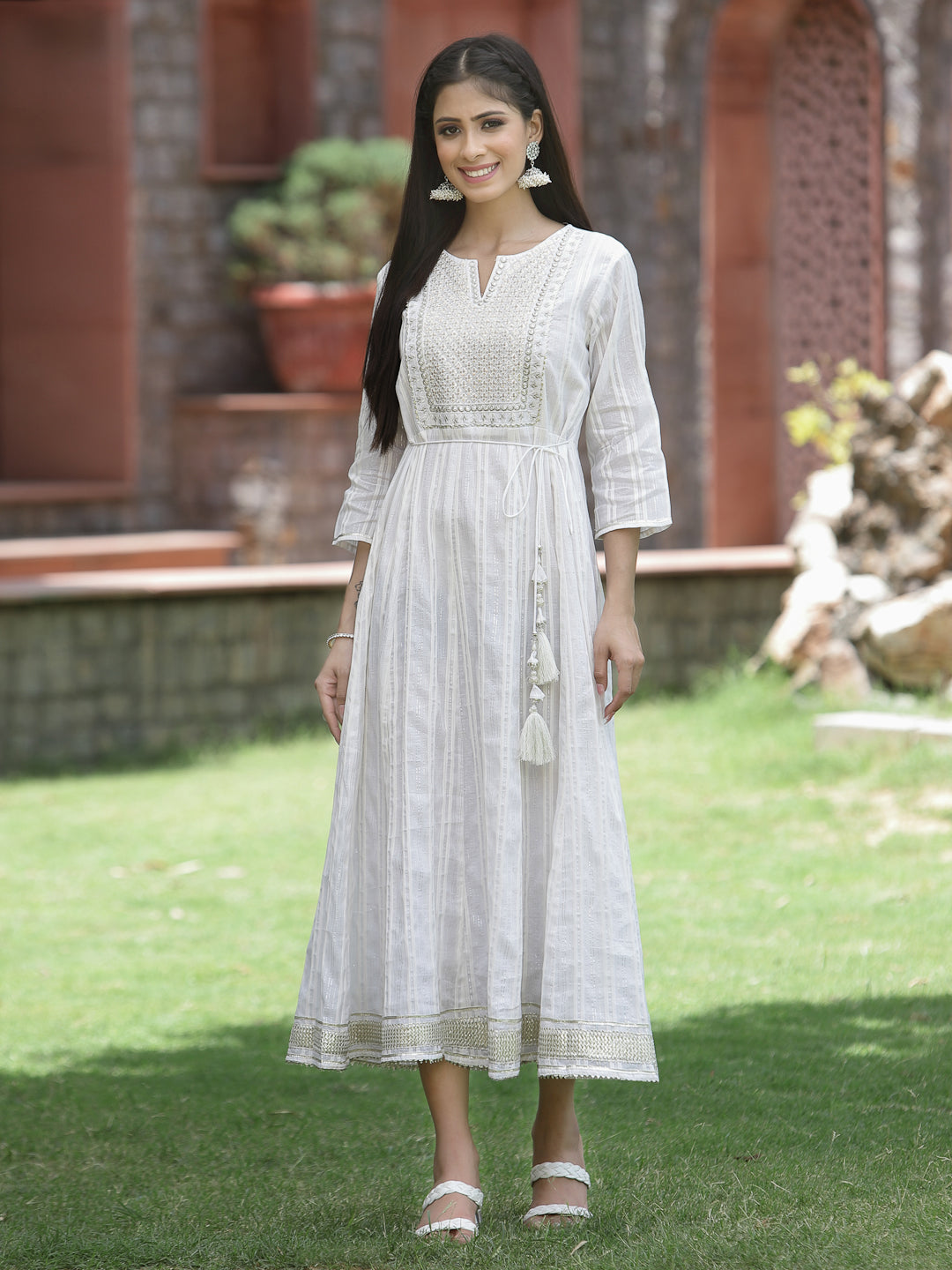 Women's White Cotton Lurex Festive Embroidered Flared Long Dress - Juniper