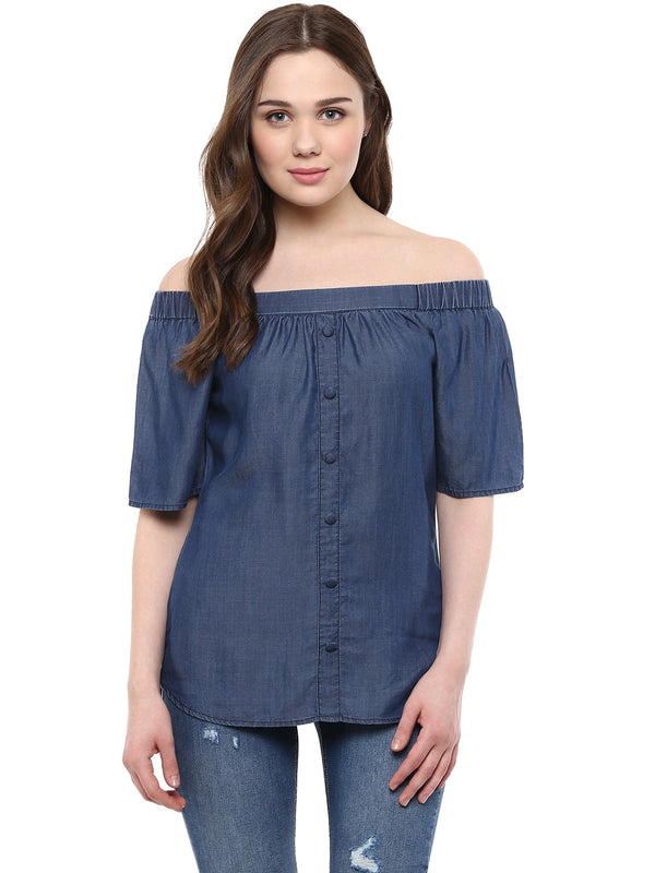 Women's  Blue Tencel Denim Off Shoulder - StyleStone