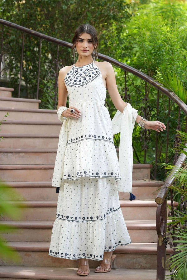 Jashvi Off-White Cotton Dobby Kurta Skirt & Dupatta Set With Thread & Mirror Work Embroidery