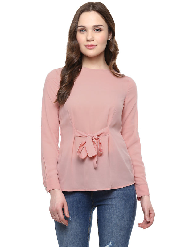 Women's  Pink Georgette Front Knot Top - StyleStone