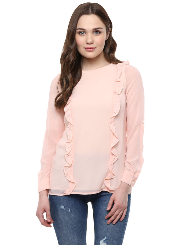 Women's  Pink Side Ruffle Georgette Top - StyleStone