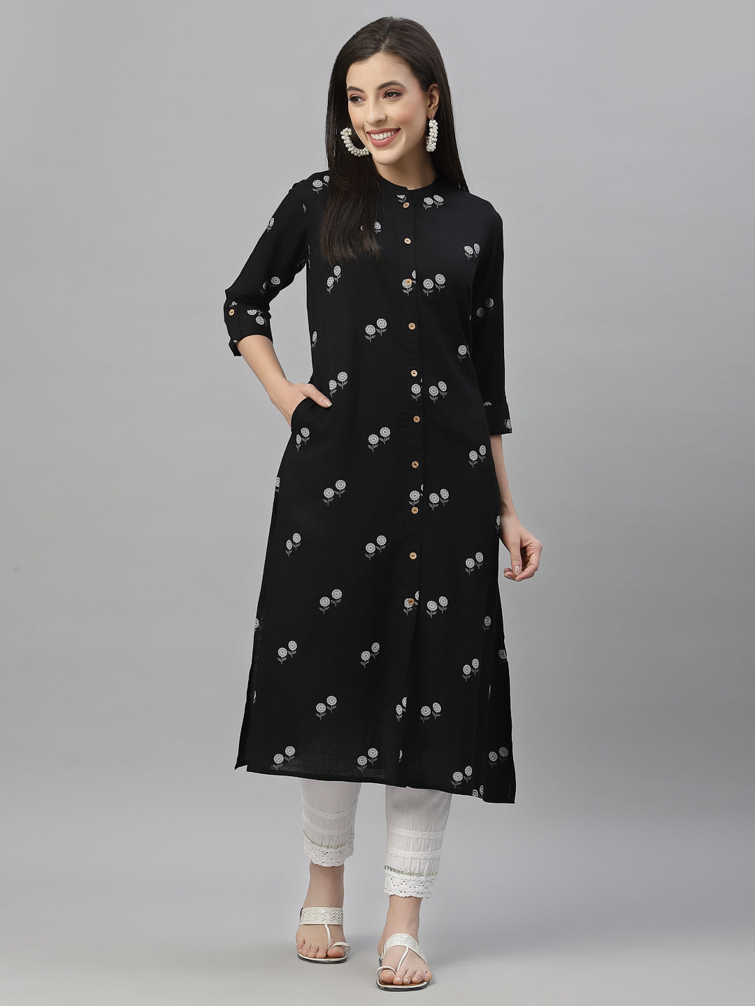 Women's Black Rayon Festive Printed A-Line Kurta - Juniper