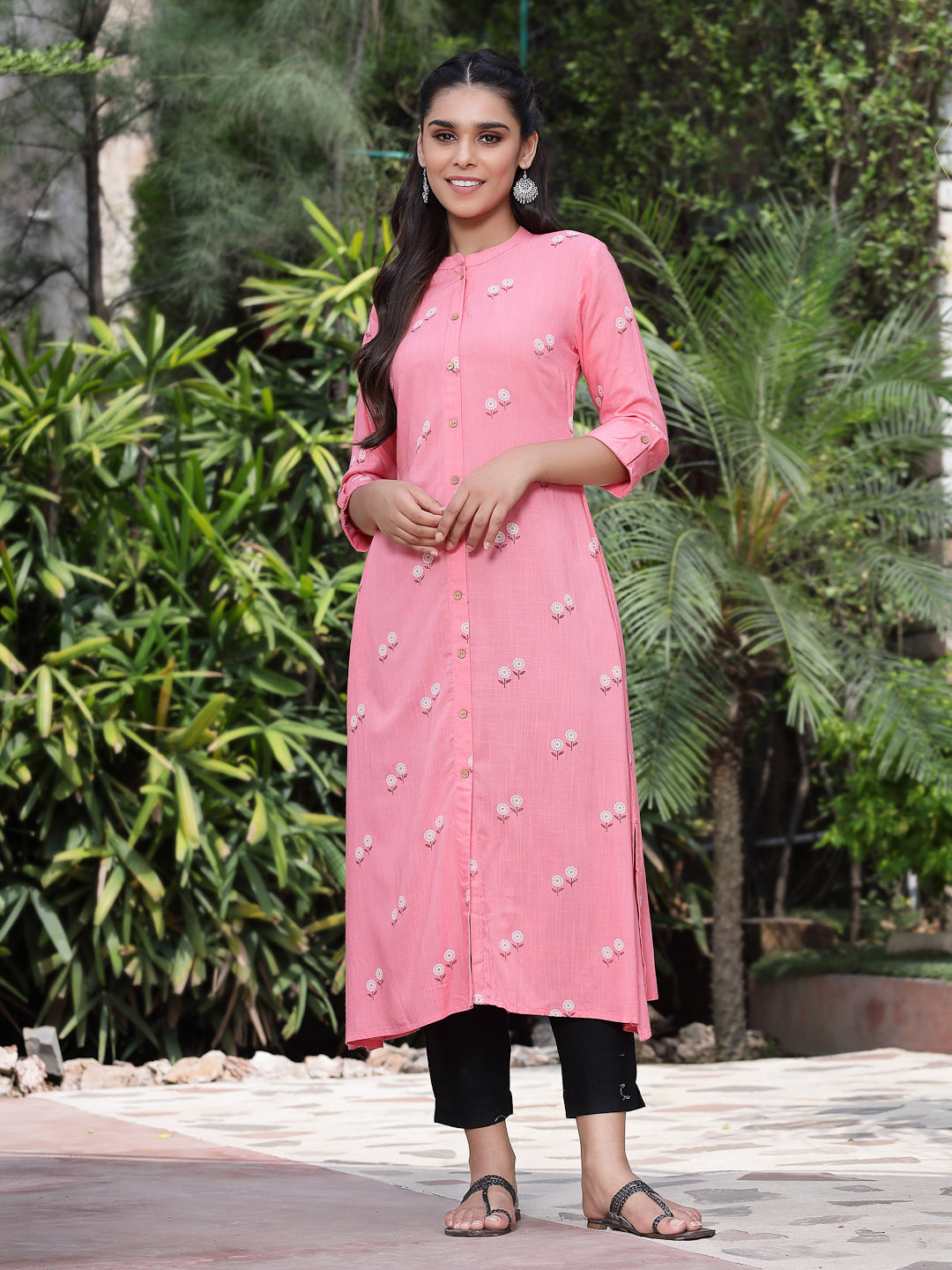 Women's Pink Rayon Printed A-Line Kurta - Juniper