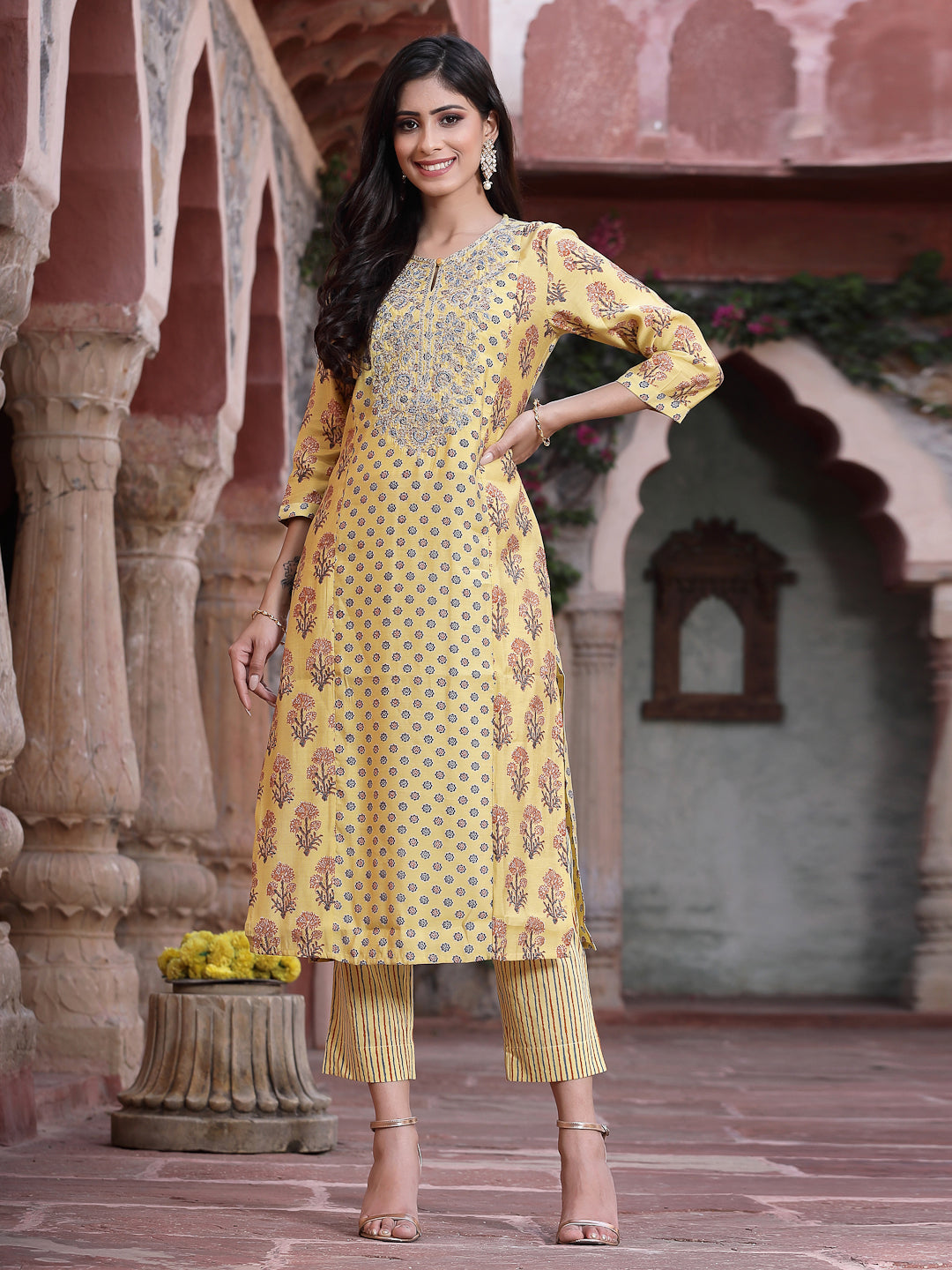 Women's Mustard Muslin Embroidered Straight Kurta Sets - Juniper