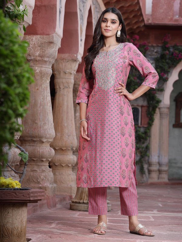 Jashvi Pink Ethnic Motif Printed Muslin Straight Kurta & Pure Cotton Pants Set With Zari Work.