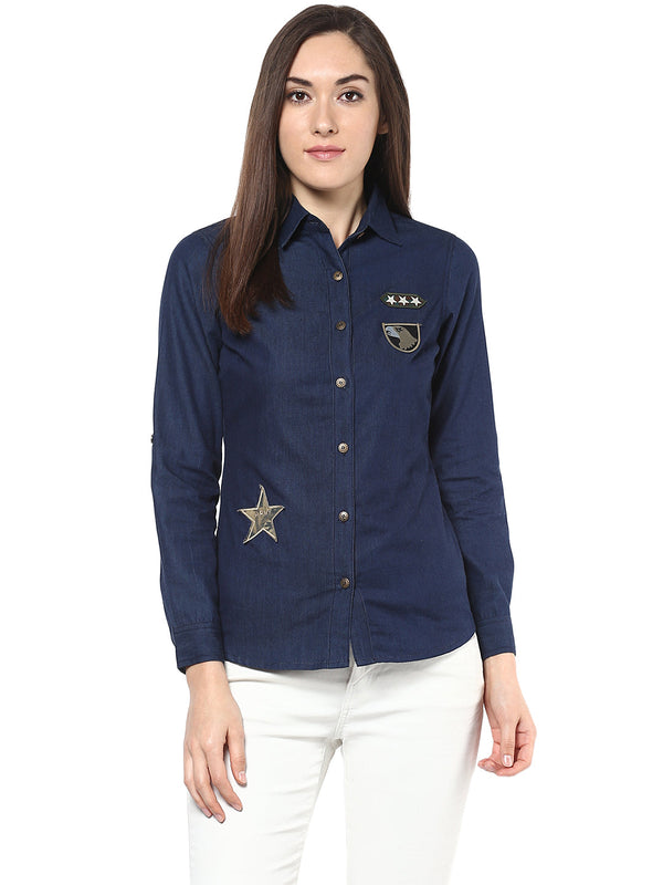 Women's  Denim Shirt with Patches - StyleStone