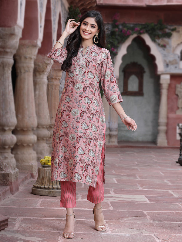 Jashvi Onion Pink Floral Printed & Embroidered Muslin Kurta & Cotton Pants Set