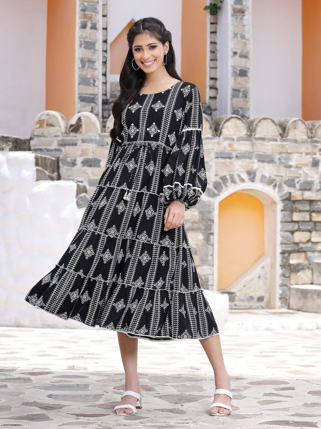 Women's Black Rayon Printed Tiered Dress - Juniper