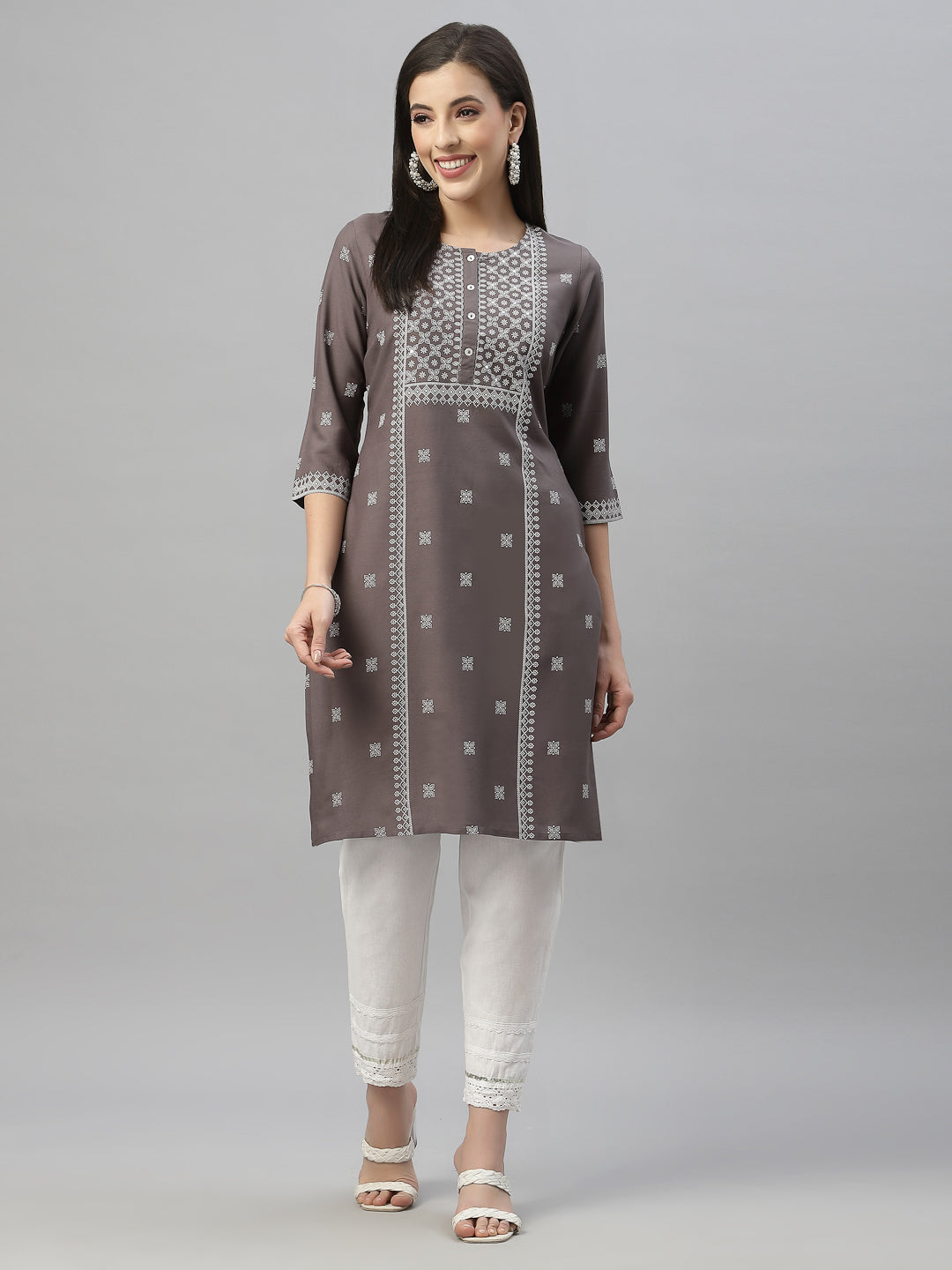 Women's Grey Rayon Festive Placement Print Straight Kurta - Juniper