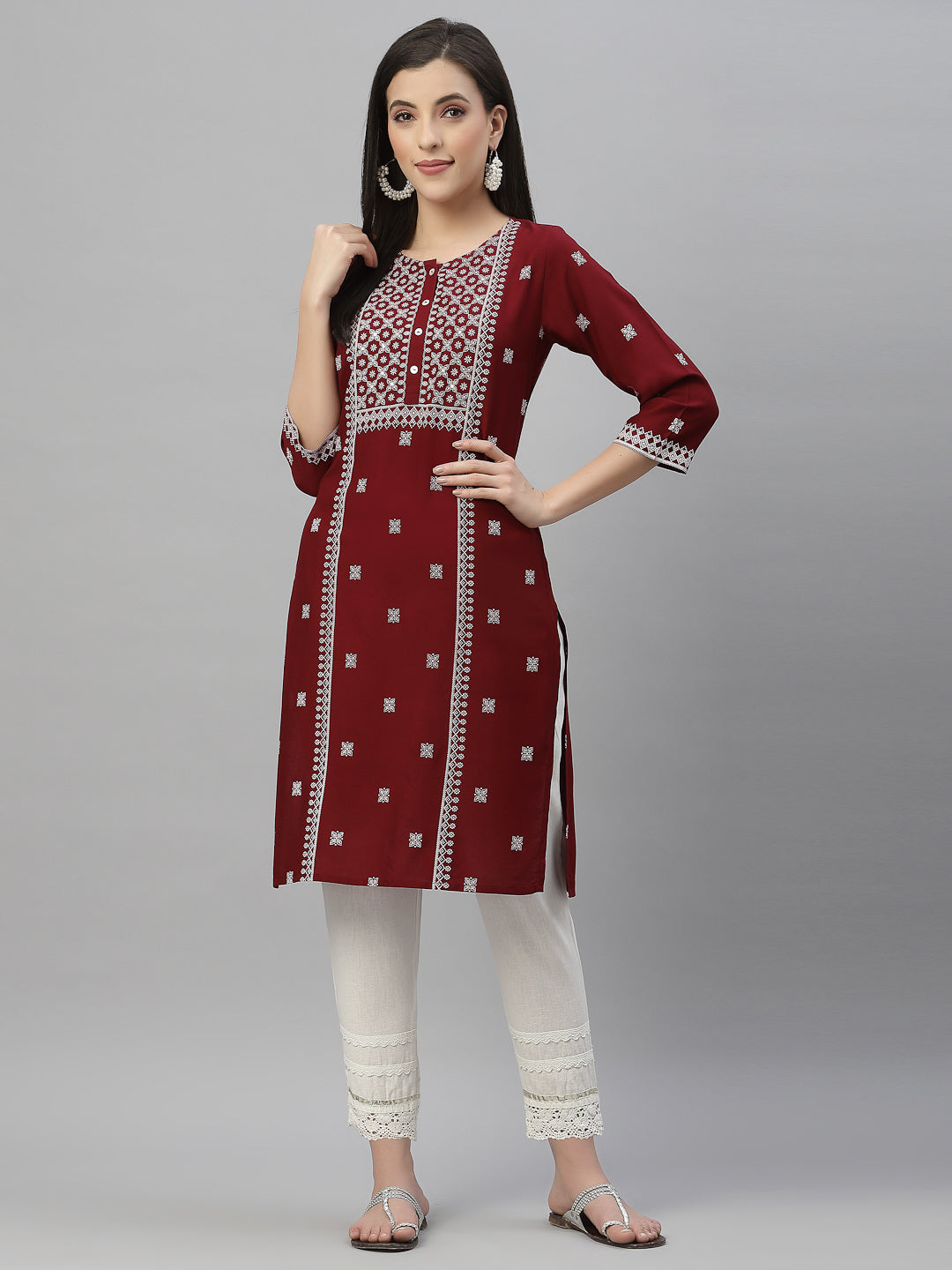 Women's Maroon Rayon Festive Placement Print Straight Kurta - Juniper